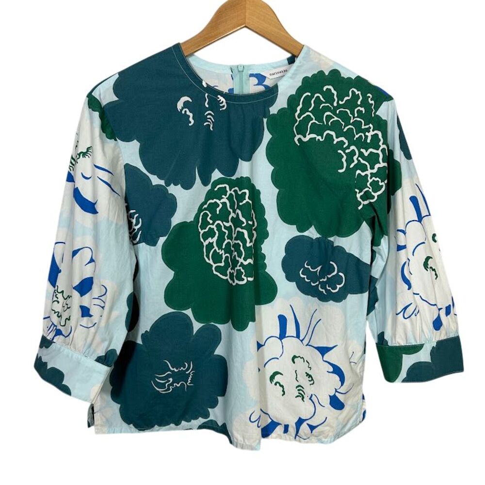 Marimekko Huomen Blouse 40 S/M Green Blue Floral 3/4 Puff Sleeve Cotton